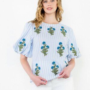 Striped Flower Embroidered Puff Sleeve Top